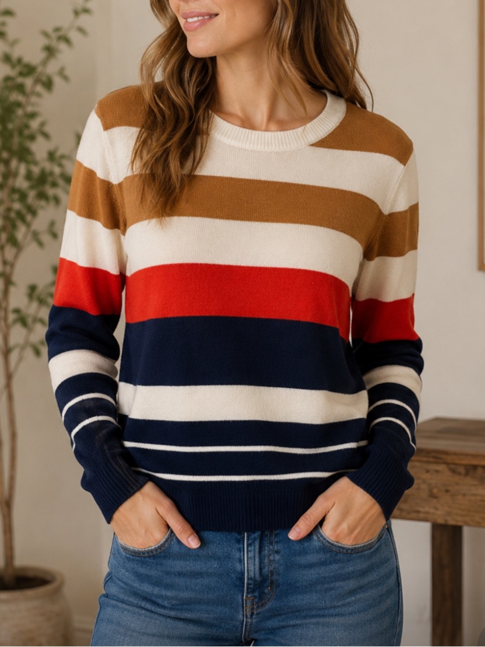 Sophie Rue Striped Crewneck Sweater in Navy, Cream, Red & Brown